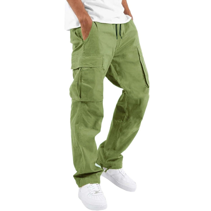Detailed shot of waistband and button closure on casual cargo trousers