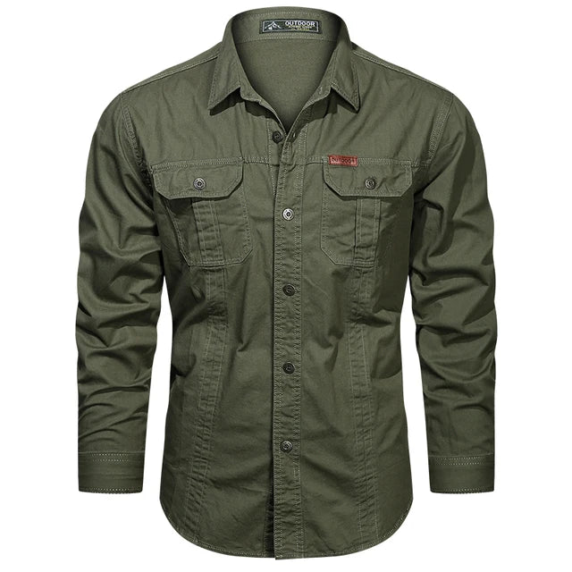 Army green men's utility cargo shirt with button closure