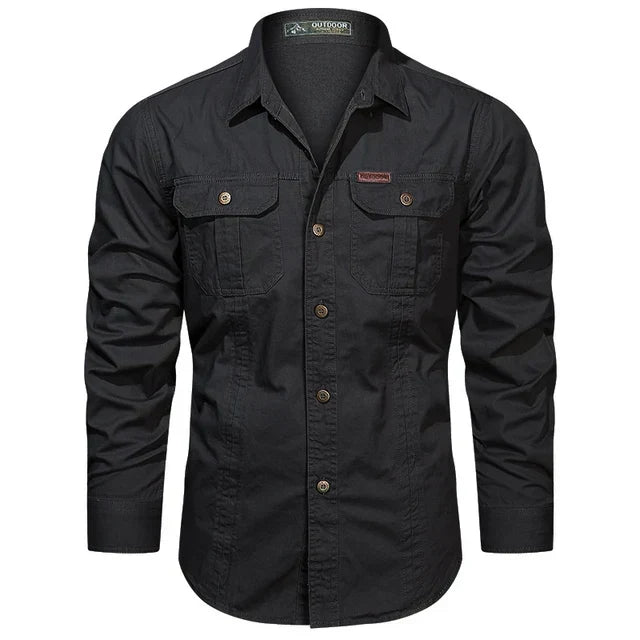 Black long sleeve cargo shirt for men with rugged design