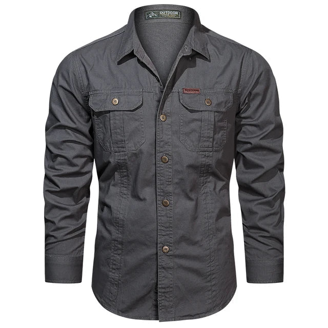 Detailed shot of chest pocket on long sleeve mens cargo shirt for outdoor clothing