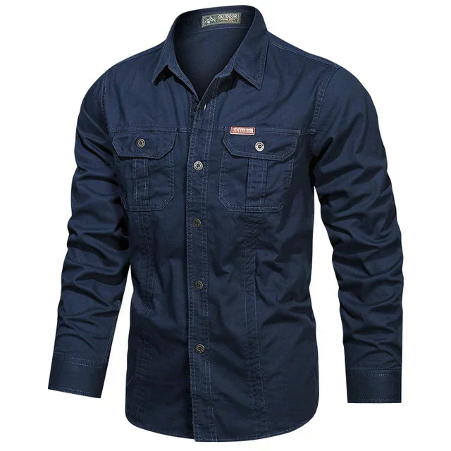 Close up fabric detail of mens utility shirt showcasing durable cargo material