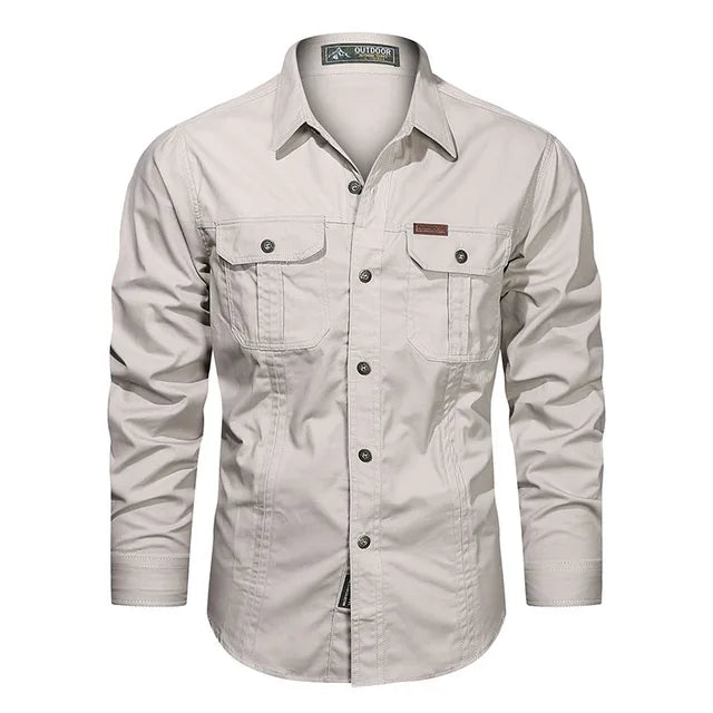 Collar and button closure detail on casual mens utility shirt fashion apparel