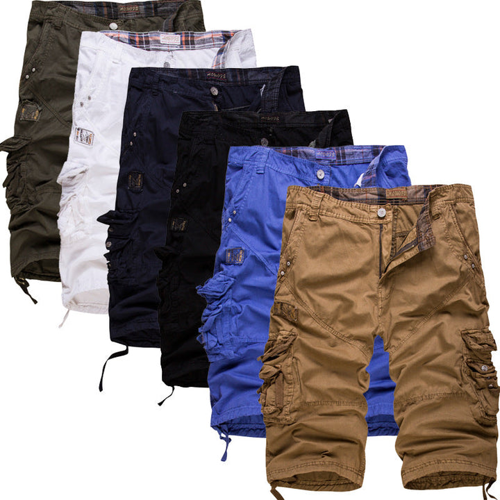 Display of multiple color options for men's casual cargo shorts
