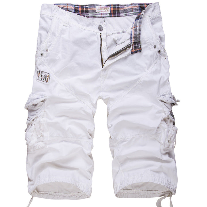 Flat lay of mens apparel multi pocket cargo shorts for outdoor wear
