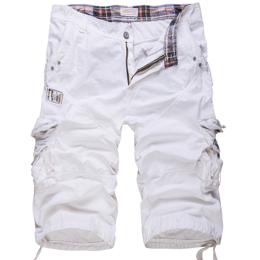 Front view of white cargo shorts featuring detailed stitching and side pockets