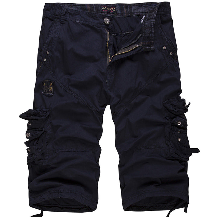 Mens relaxed fit cargo shorts in khaki with utility side pockets