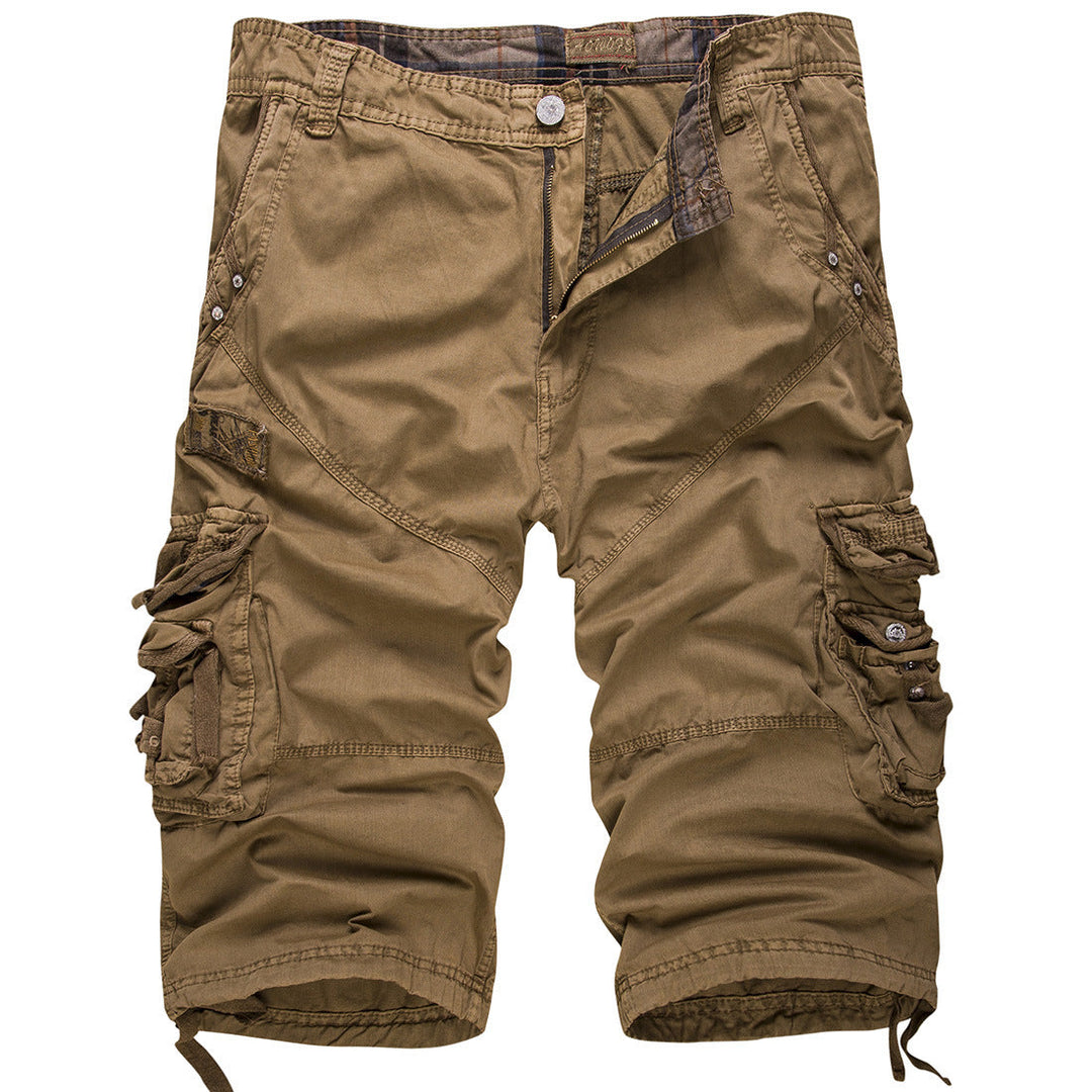 Close-up front view of khaki cargo shorts showing button fly and multi pockets