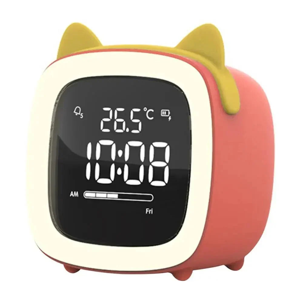 Orange digital alarm clock with cat ears and active LED screen