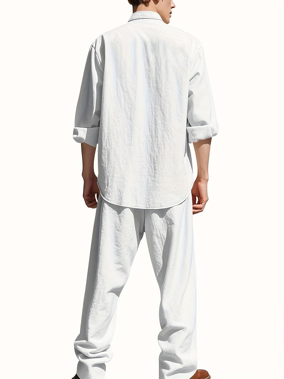 Man wearing Caspian white band collar long sleeve shirt and pants set from rear view
