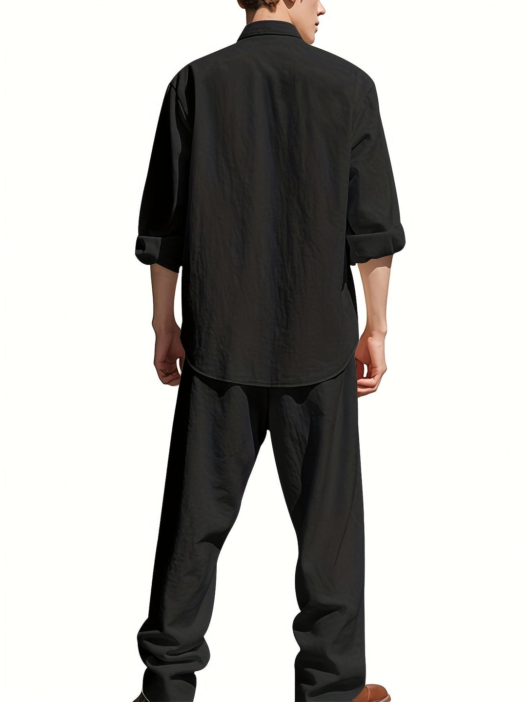 Casual men's long sleeve band collar shirt and relaxed fit pants set