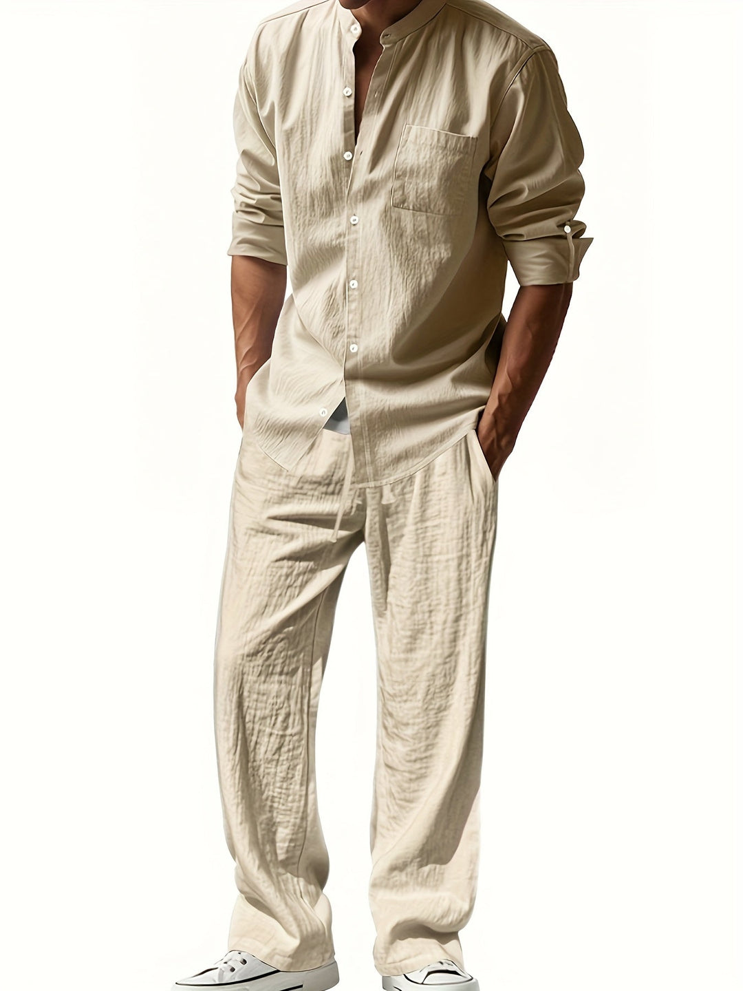 Close-up of men's band collar shirt neckline and long sleeves