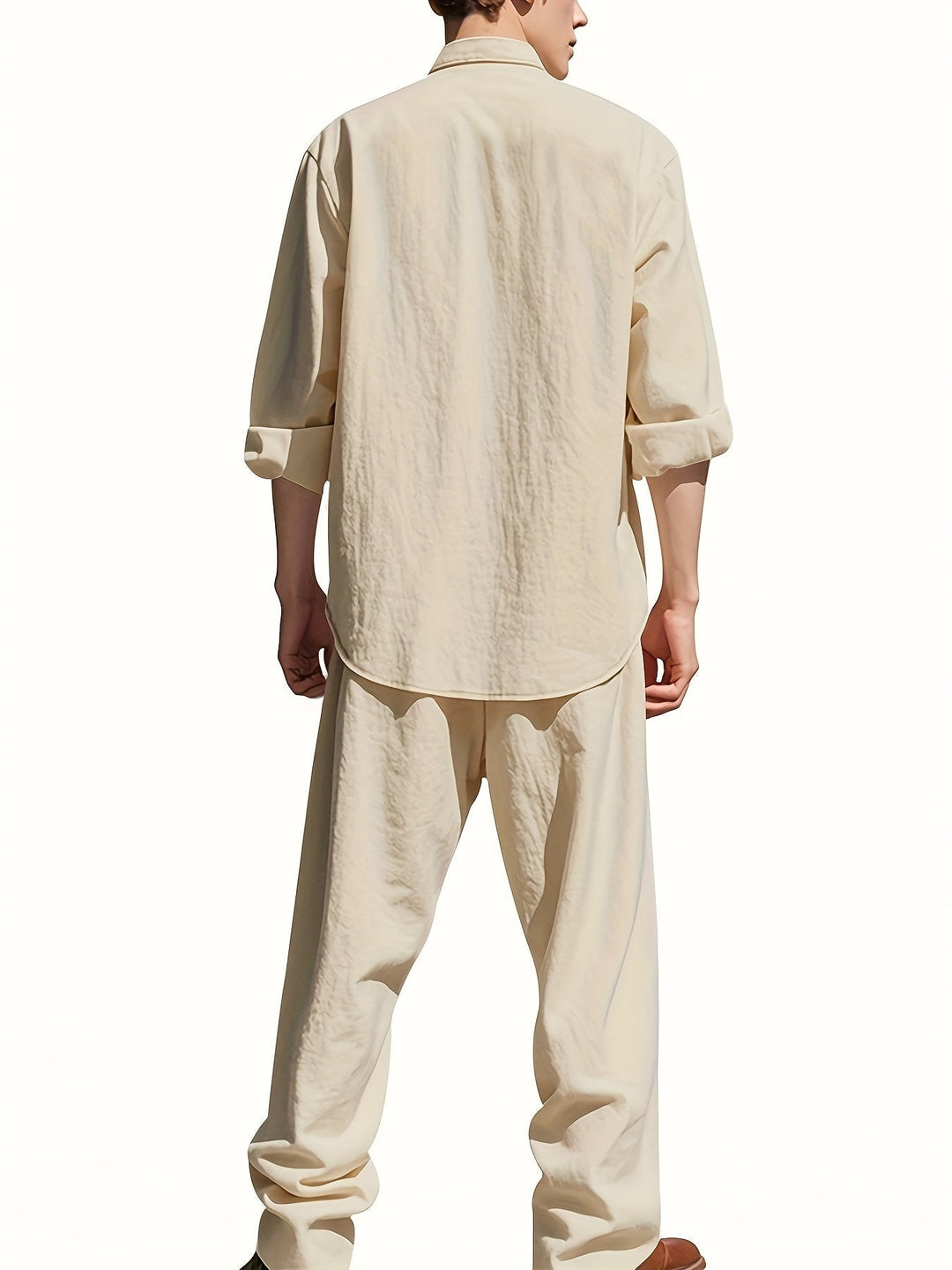 Back view of men's two-piece casual summer outfit shirt and pants