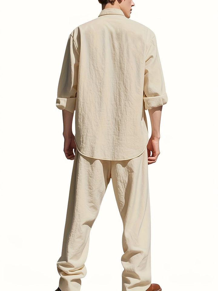 Back view of men's two-piece casual summer outfit shirt and pants