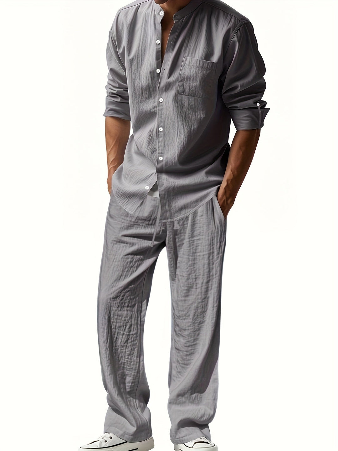 Full length shot of men's casual wear band collar shirt and pants