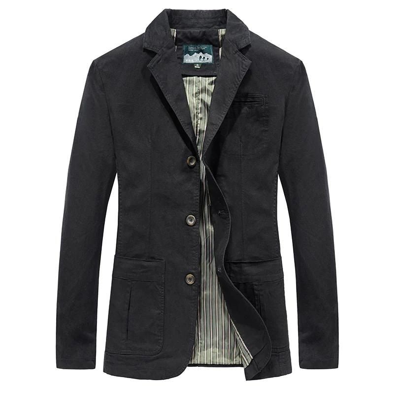 Men's black casual lightweight blazer showing front button details