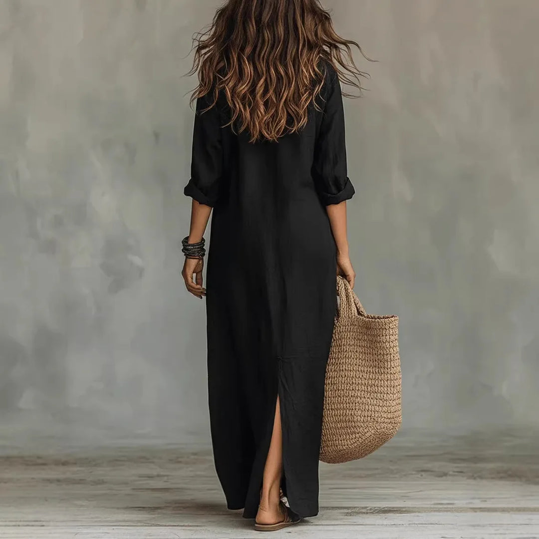 Back view of flowy long dress for women, ideal as a casual travel outfit