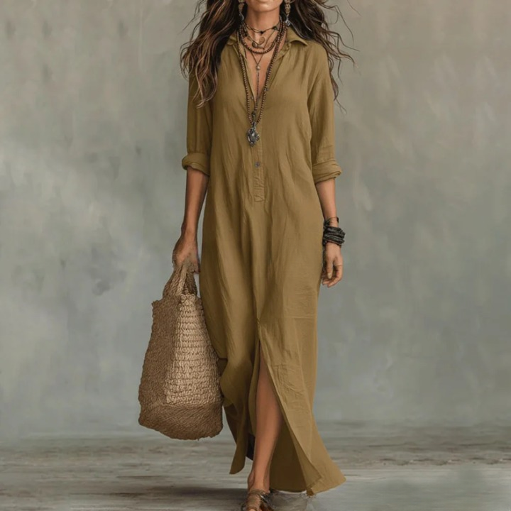 Side view of women's casual button-front maxi shirt dress in summer fashion style