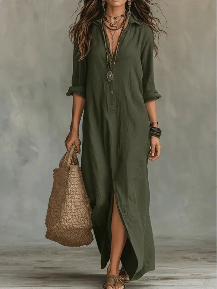 Close-up detail of button-down placket on long womens casual maxi shirt dress