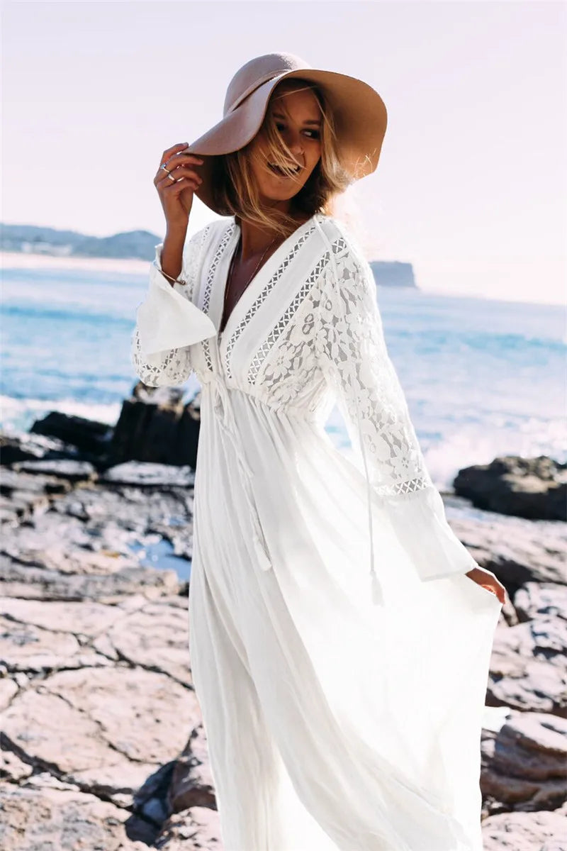Close-up fabric and design details of the elegant summer maxi dress