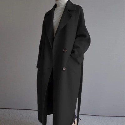 Detailed shot of the lapel and collar on the women's warm wool blend casual jacket.