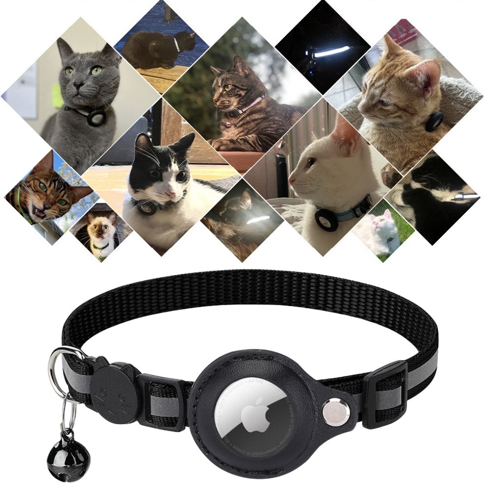 Close-up of the black cat collar featuring a tracker holder, reflective strip, cat-shaped buckle, and bell