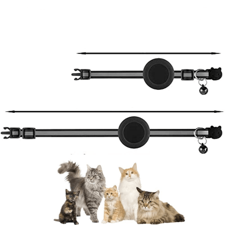Diagram showcasing the adjustable length of the cat collar along with a group of cute cats