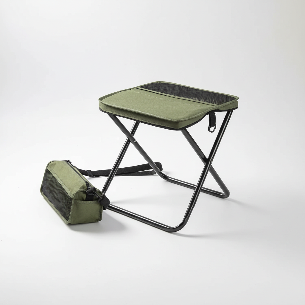 Compact hiking accessories packed alongside the foldable camping stool