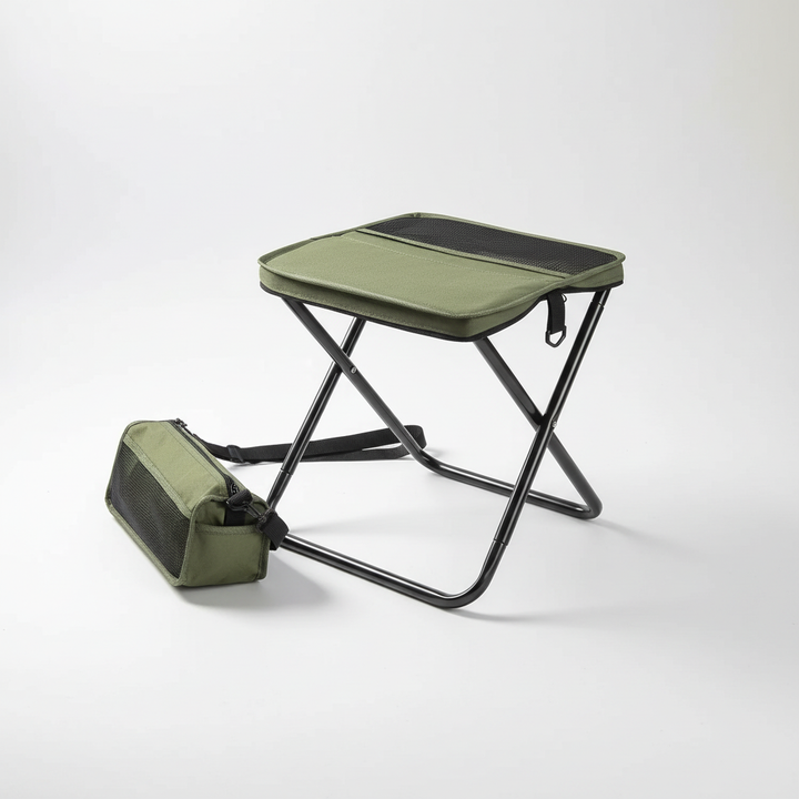 Compact hiking accessories packed alongside the foldable camping stool