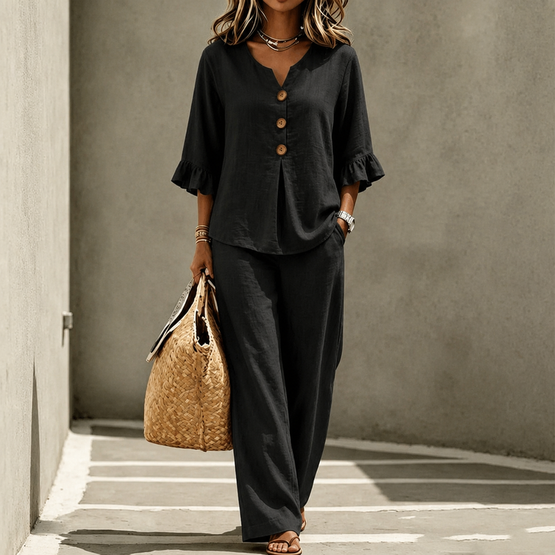 Close-up of the shoulder and sleeve construction on the chic linen top