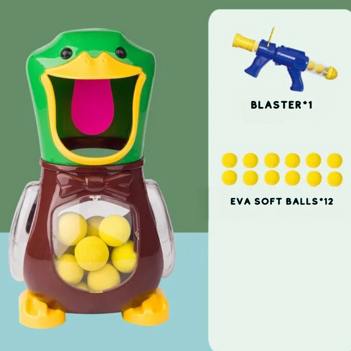 Children playing with electronic shooting skill game and foam ball blaster outdoors