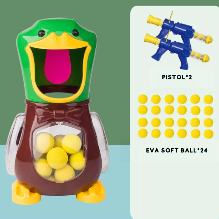 Family enjoying interactive target shooting game with digital score tracker toy