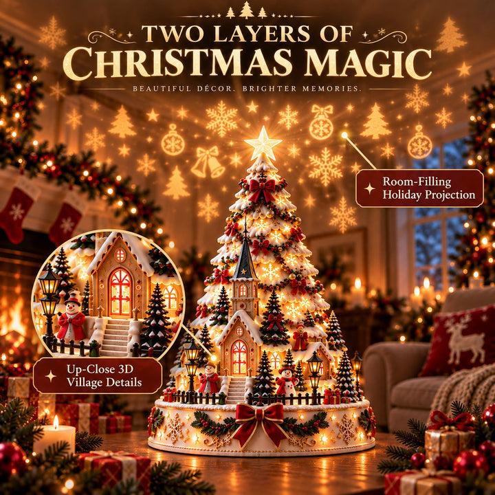 Holiday decor christmas projection tree glowing in a dark room