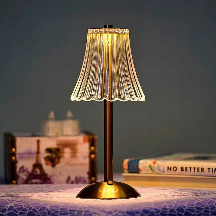 Cordless touch table lamp showing top touch control panel and dimmable LED lighting mode.