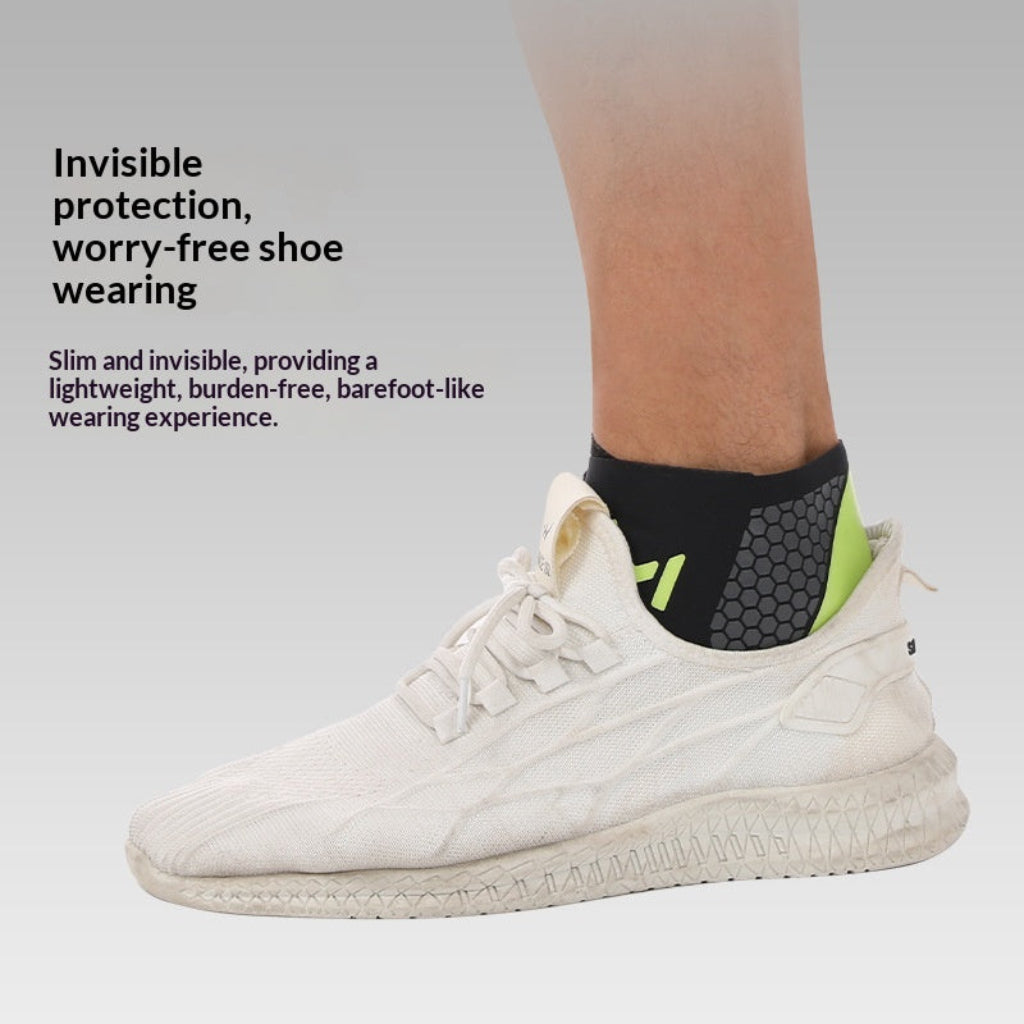 Ankle support sleeve worn invisibly inside a white athletic shoe for daily protection