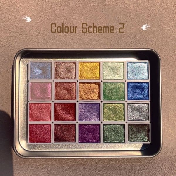 Full view of watercolour paint set and painting supplies for professional artists