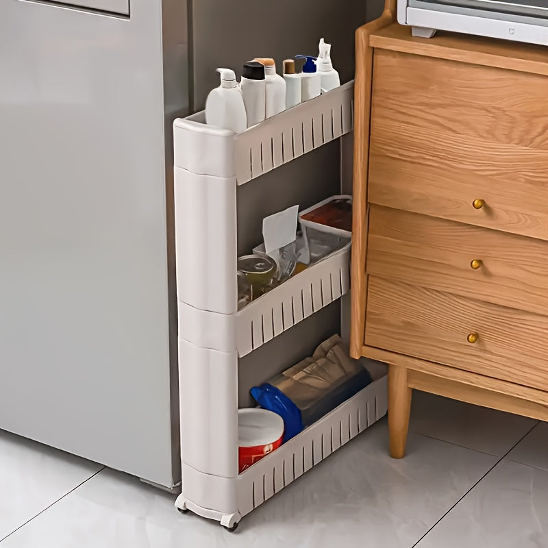 Close-up of durable plastic tiers on a slim rolling cart with mesh design