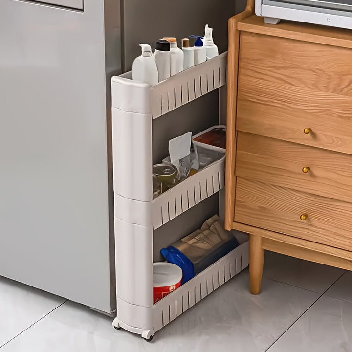 Close-up of durable plastic tiers on a slim rolling cart with mesh design