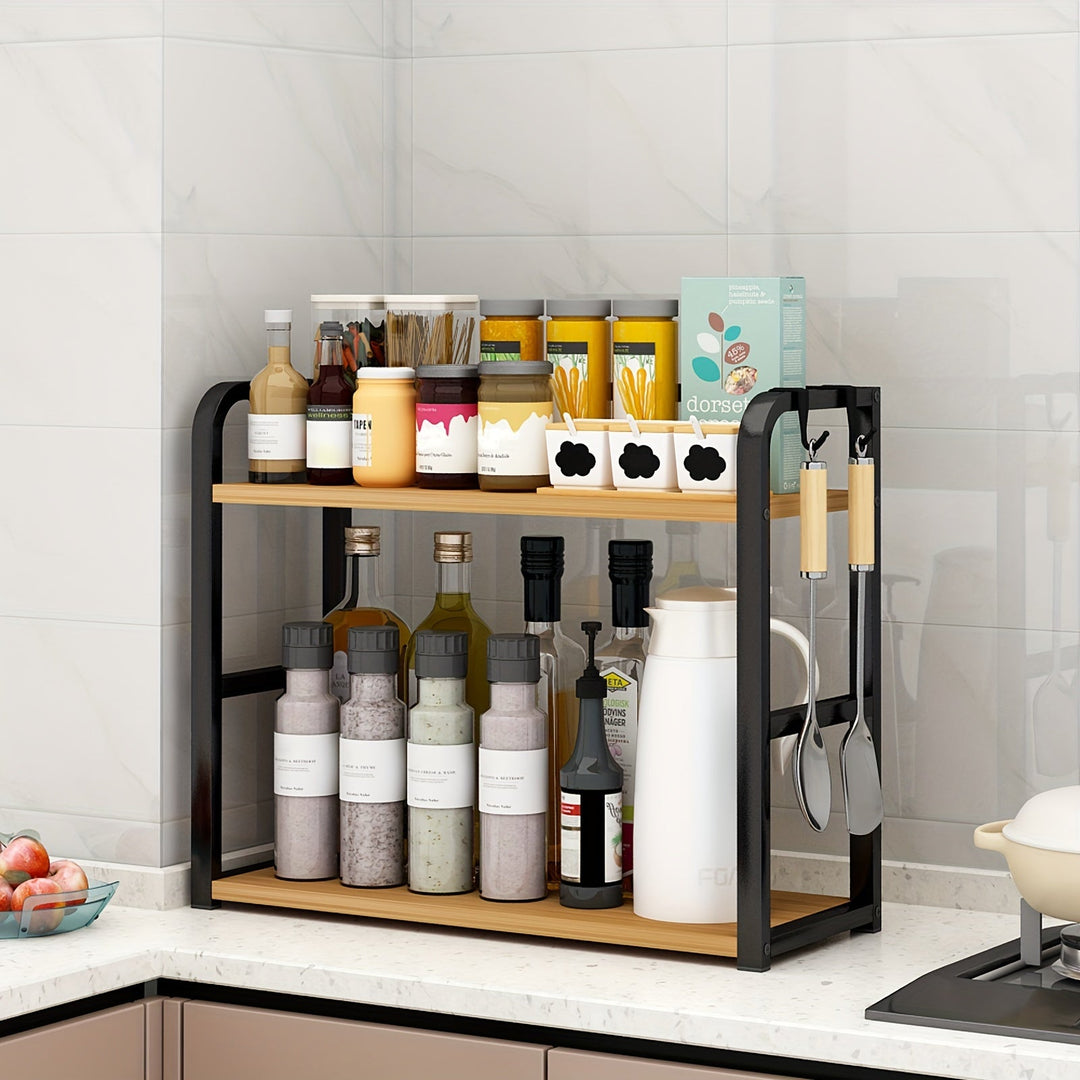Front view of the 2-tier kitchen spice rack organizer loaded with jars and cooking essentials