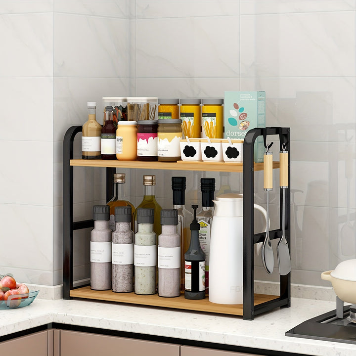 Front view of the 2-tier kitchen spice rack organizer loaded with jars and cooking essentials