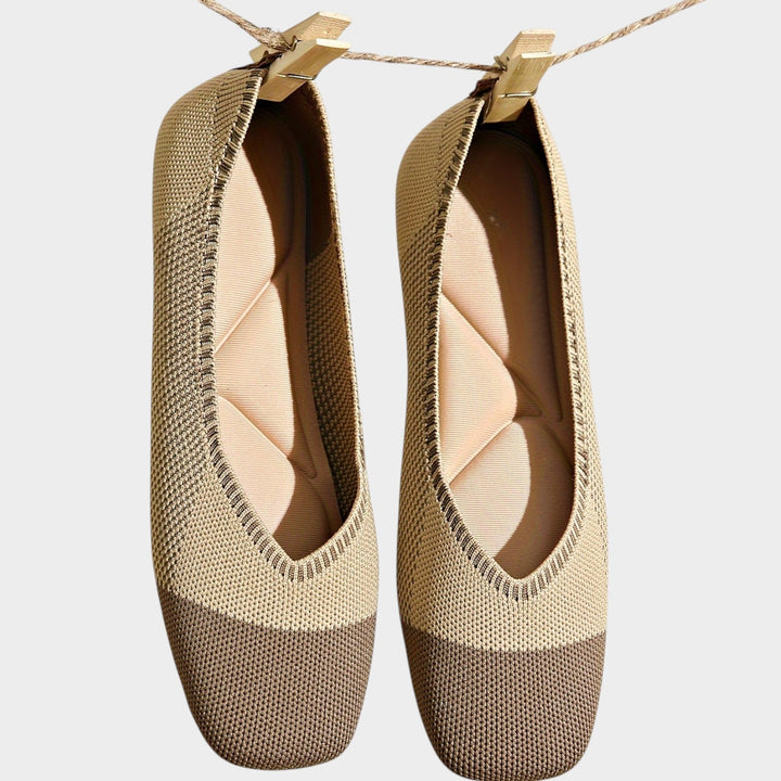 Top down view of women's woven square toe ballet flats in beige and brown
