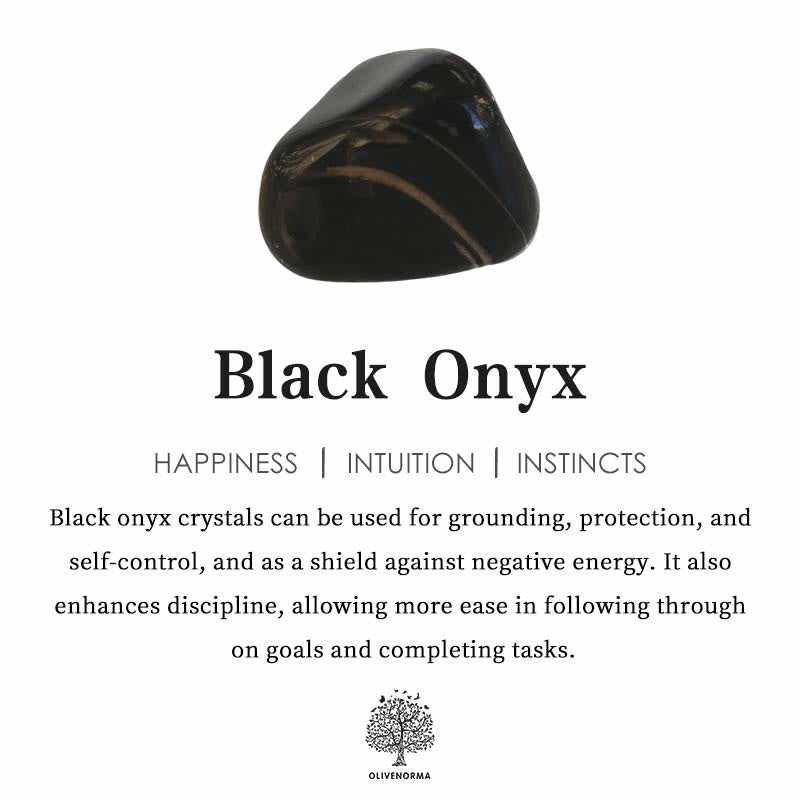 Informational card detailing the properties and meanings of Black Onyx crystal