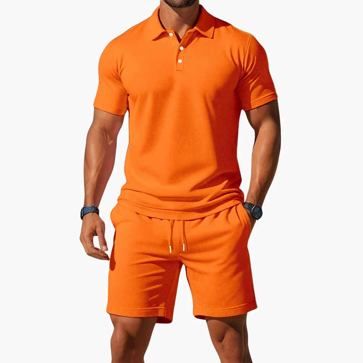 Close up fabric detail of the breathable mens polo shirt