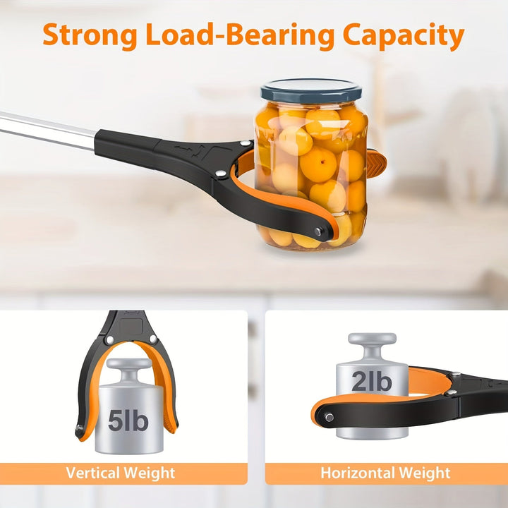 Demonstration of the reacher tool holding a jar and weight capacity tests of vertical and horizontal loads