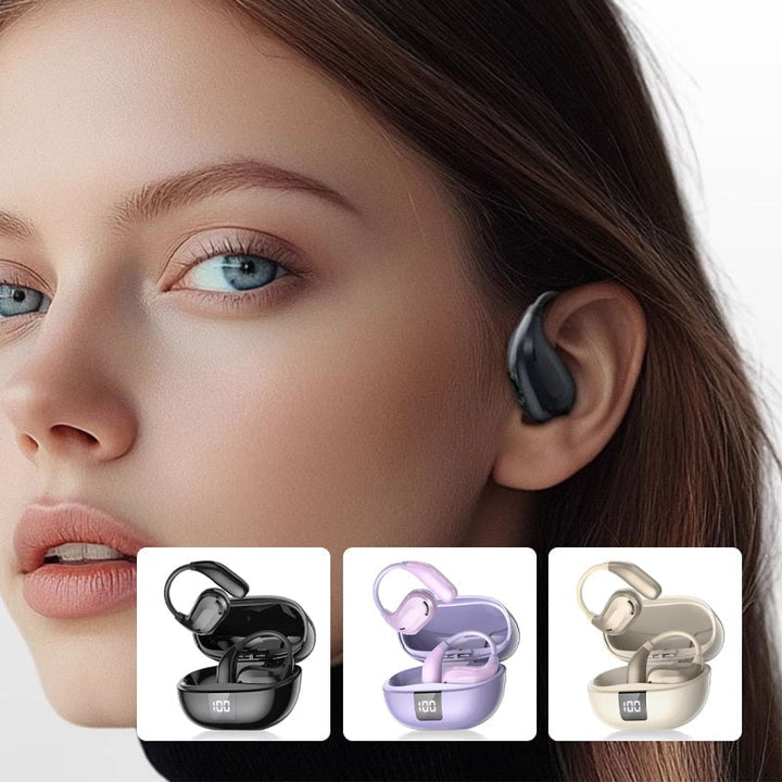 Flexible ear-hook sports earphones being bent to show durability