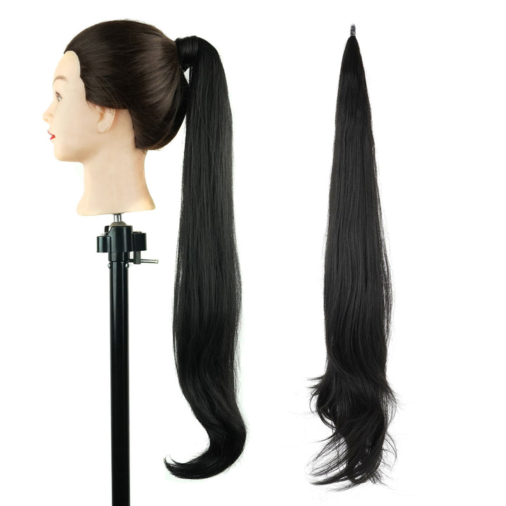 Black long curly ponytail hair extension shown on mannequin head alongside detached view