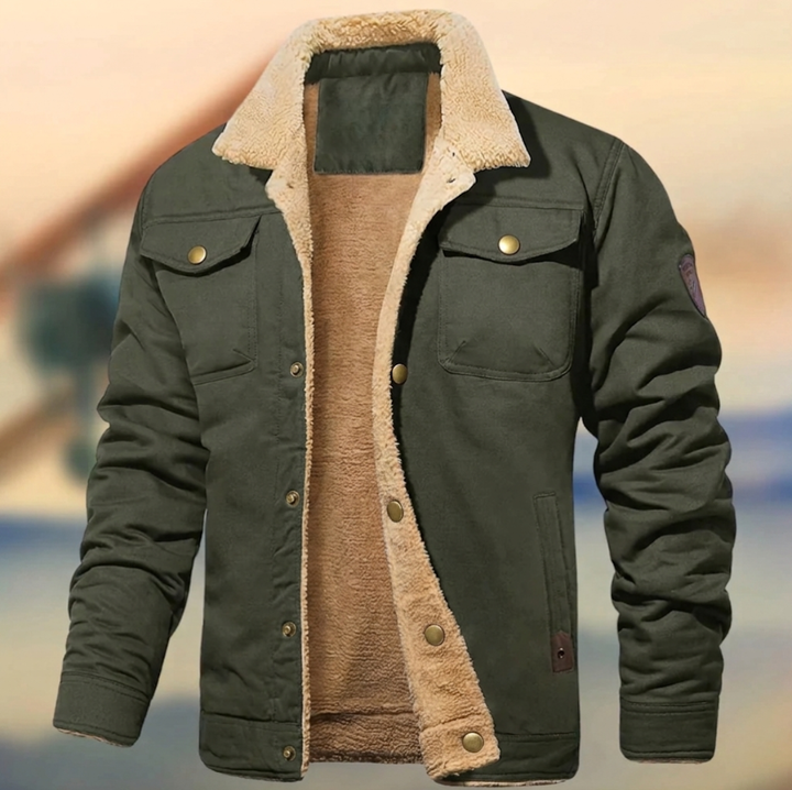 Men's Army Green sherpa collar button-down jacket displayed front view