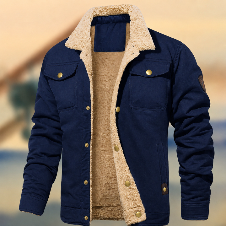 Men's Navy sherpa collar button-down jacket displayed front view