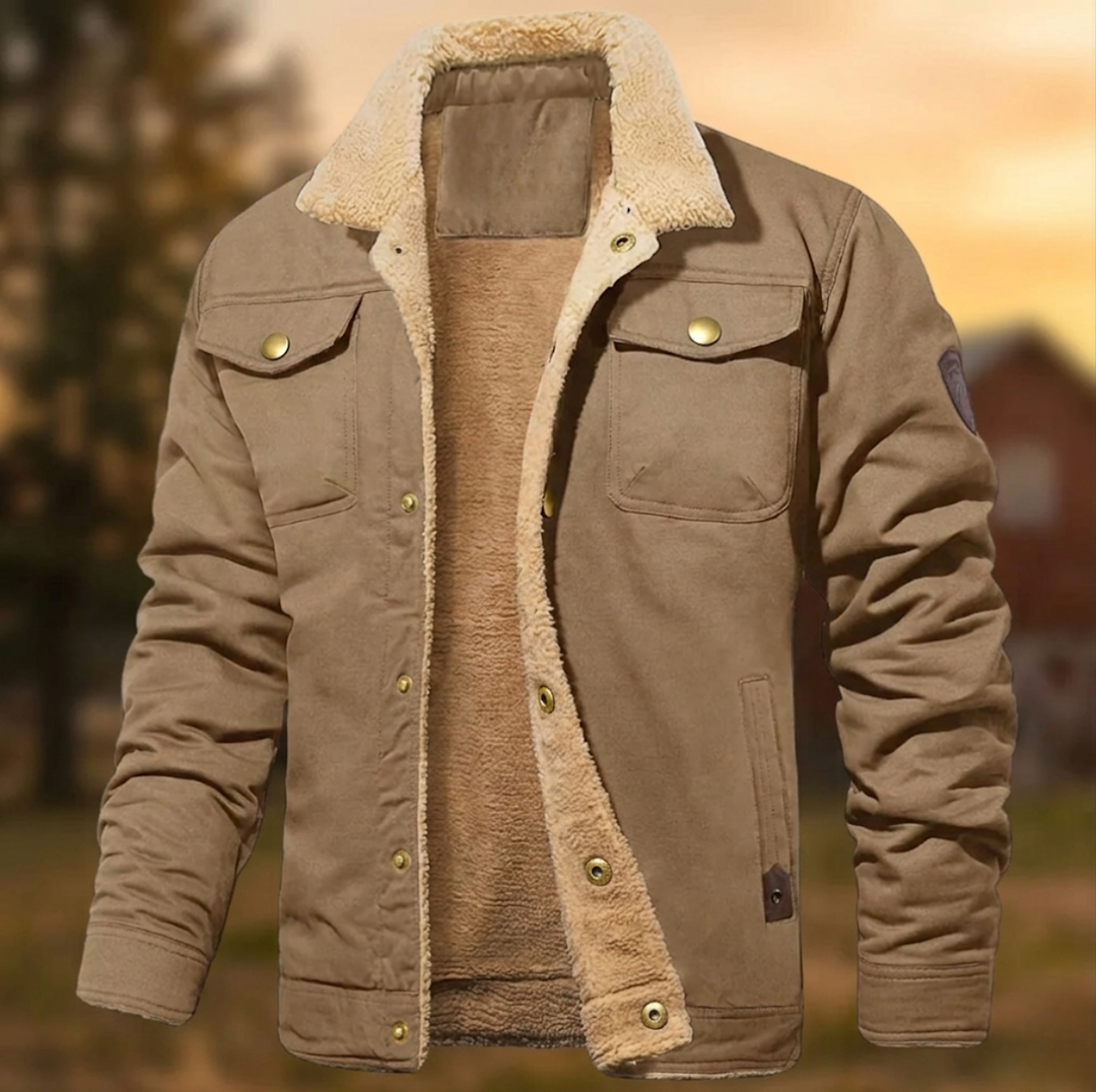 Close-up of mens sherpa collar and button closure on winter jacket