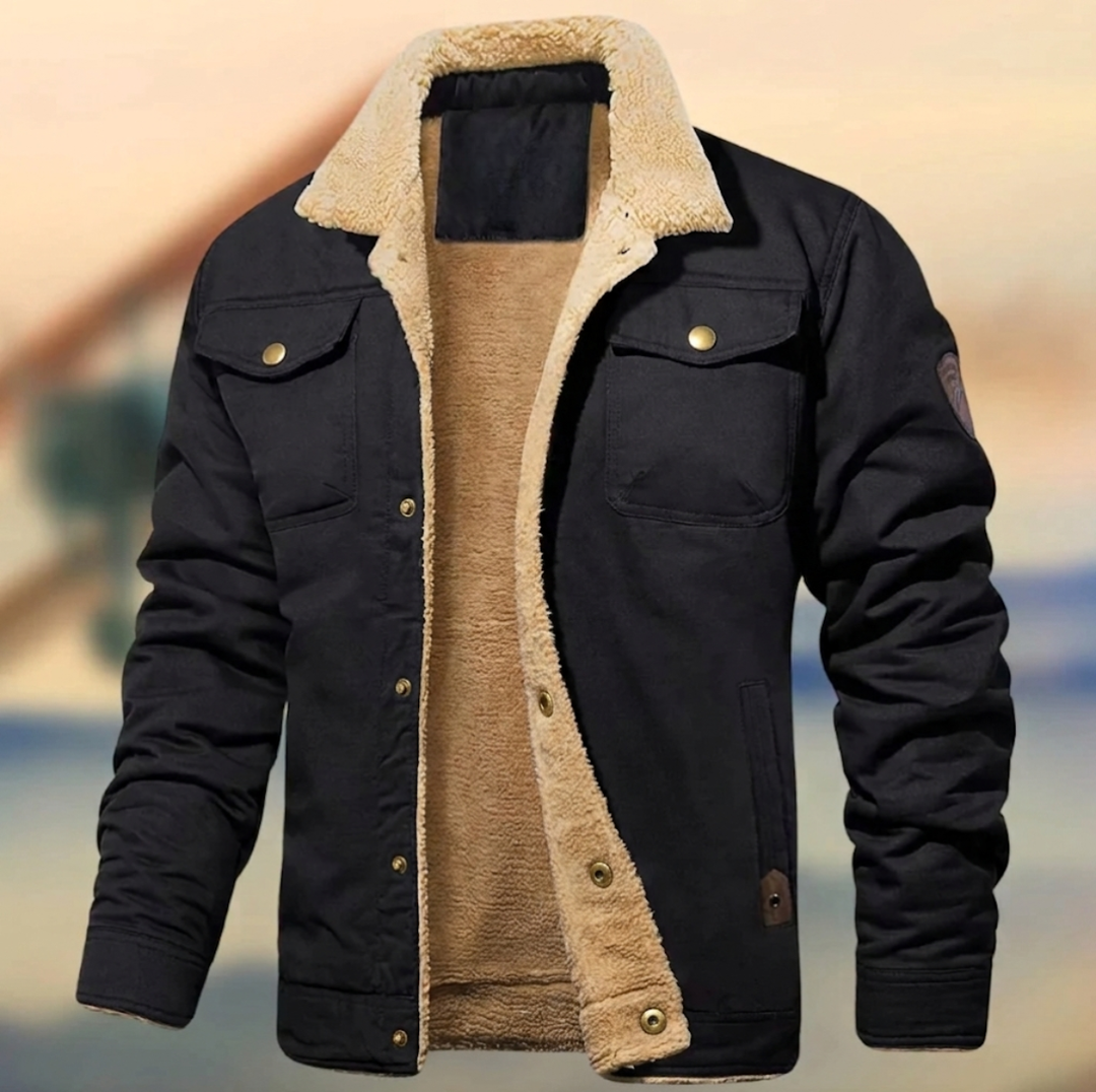 Men's Black sherpa collar button-down jacket displayed front view
