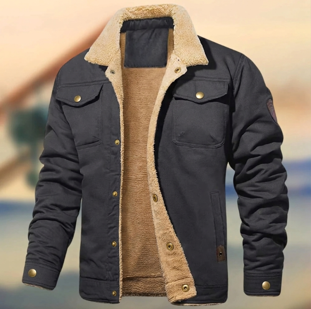 Mens sherpa collar button-down jacket in casual winter outerwear style